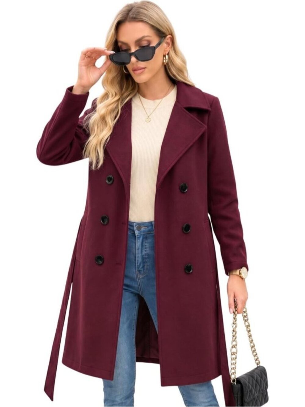 Women's Wine 100% Polyester Double Breasted Long Winter Faux Wool Trench Coats